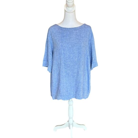 LL Bean Linen Blue Buttons Back 3 Quarter Sleeve Top Lagenlook Womens Size XL - Picture 2 of 8